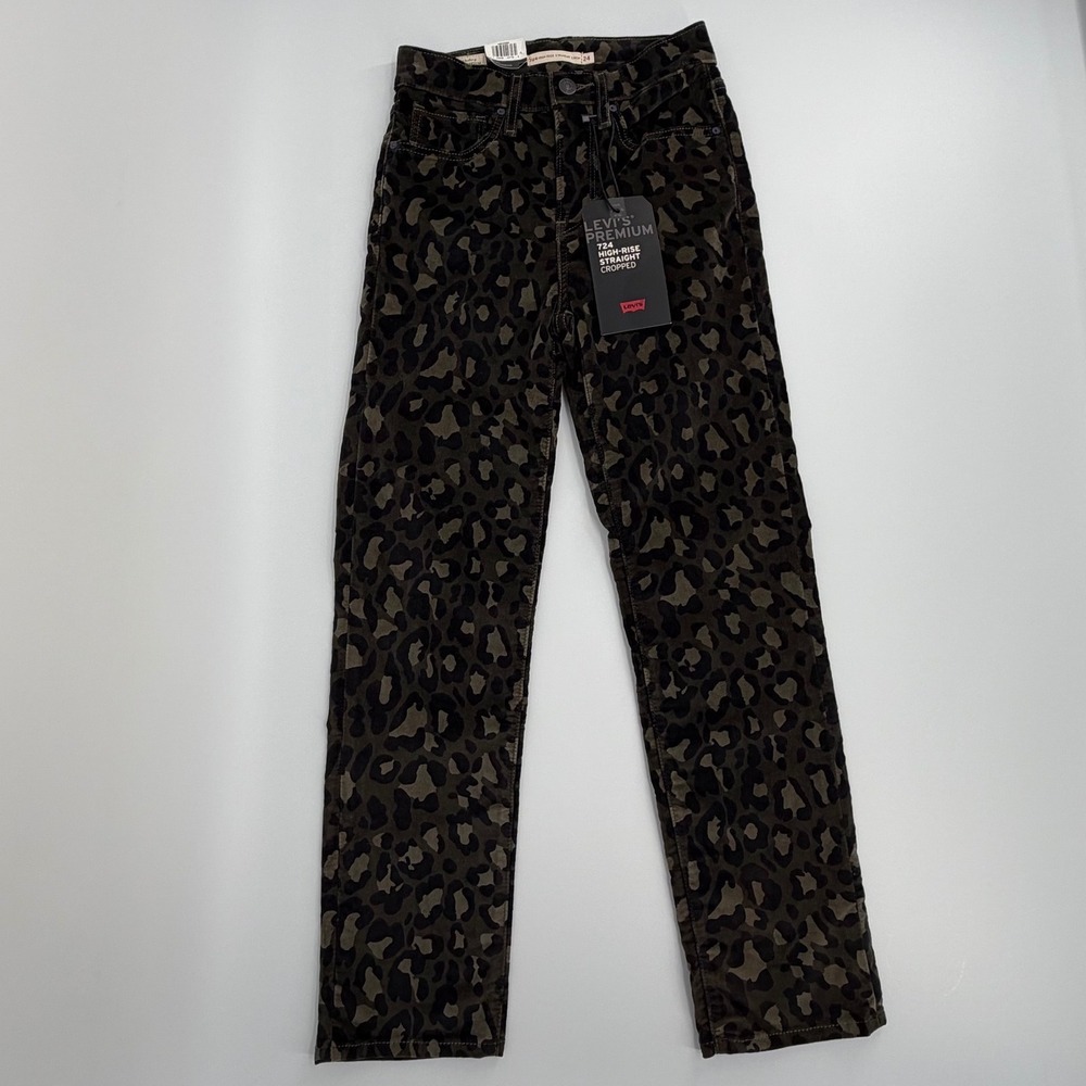 Levi's 724 High Rise Straight Cropped Jeans Women 24 Green Leopard NWT Corduroy - Picture 3 of 13